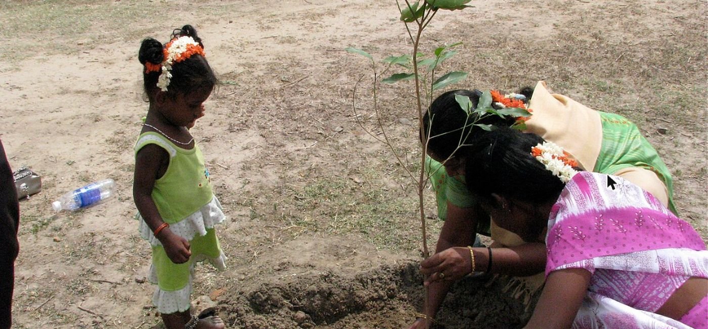 A woman plants a sapling in an Indian village while a small girl watches (representative image)